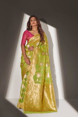 Light green woven organza saree with blouse 1