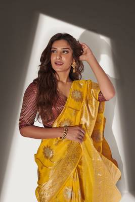Yellow woven organza saree with blouse 3