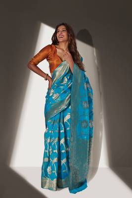 Sky blue woven organza saree with blouse 1