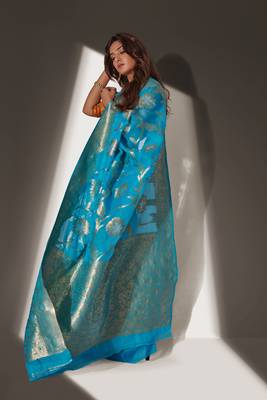Sky blue woven organza saree with blouse 2