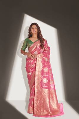 Pink woven organza saree with blouse 1