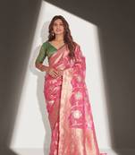 Pink woven organza saree with blouse