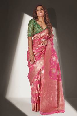 Pink woven organza saree with blouse 2