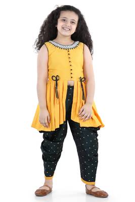 Yellow plain raw silk girls-top-bottom 1