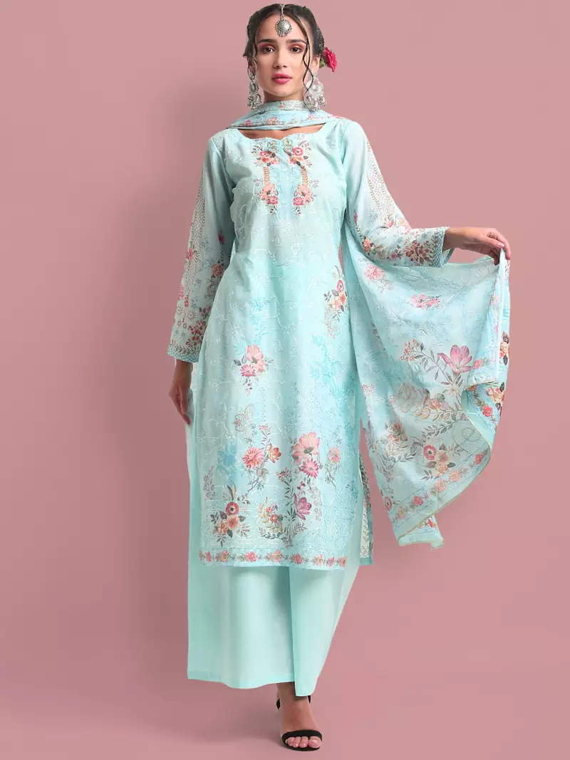Turquoise embroidered cotton salwar