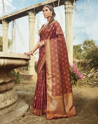 Brown woven banarasi silk saree with blouse 1