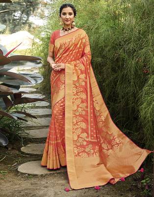 Peach woven banarasi silk saree with blouse 1