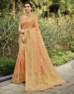 Peach woven banarasi silk saree with blouse 1
