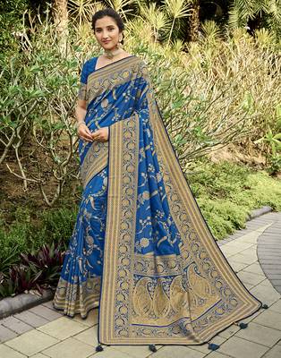 Blue woven banarasi silk saree with blouse 1
