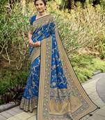 Blue woven banarasi silk saree with blouse