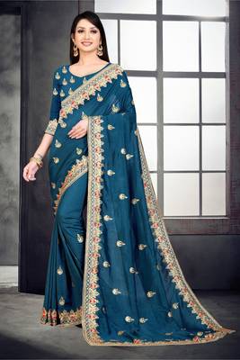Sky blue embroidered pure silk saree with blouse 4