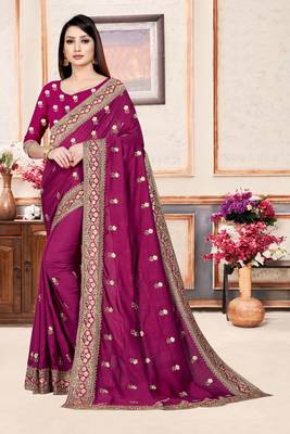 Purple embroidered pure silk saree with blouse 1