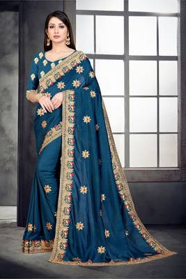 Dark blue embroidered pure silk saree with blouse 2