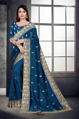 Dark blue embroidered pure silk saree with blouse 5