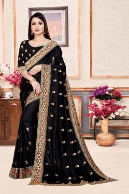 Black embroidered pure silk saree with blouse 3
