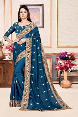 Dark blue embroidered pure silk saree with blouse 2