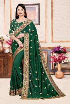 Green embroidered pure silk saree with blouse 5