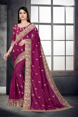 Purple embroidered pure silk saree with blouse 4