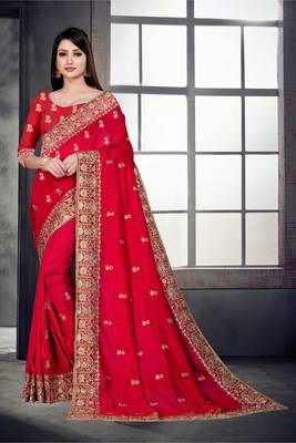 Red embroidered pure silk saree with blouse 1