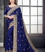 Blue embroidered pure silk saree with blouse