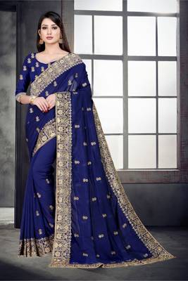 Blue embroidered pure silk saree with blouse 5