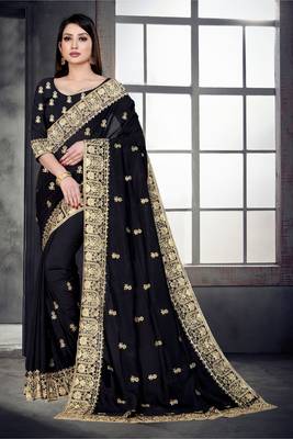 Black embroidered pure silk saree with blouse 5