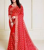 Red embroidered georgette saree with blouse