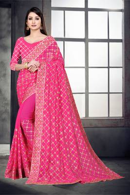 Pink embroidered georgette saree with blouse 2
