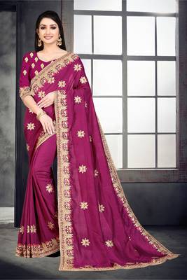 Purple embroidered pure silk saree with blouse 1