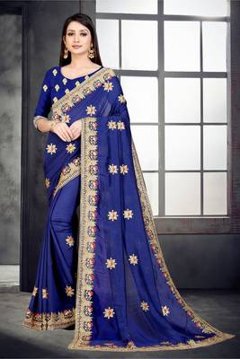 Blue embroidered pure silk saree with blouse 3