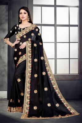Black embroidered pure silk saree with blouse 2