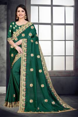 Green embroidered pure silk saree with blouse 5
