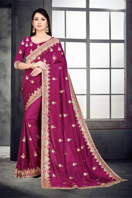 Purple embroidered pure silk saree with blouse 1