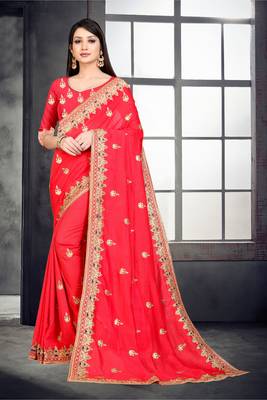 Red embroidered pure silk saree with blouse 1
