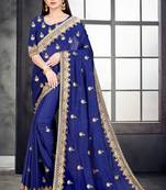 Blue embroidered pure silk saree with blouse