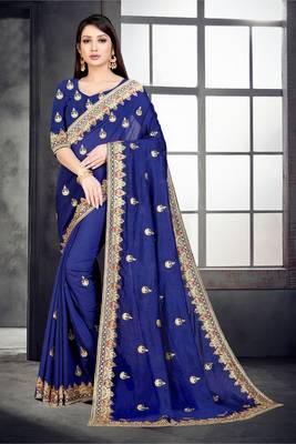 Blue embroidered pure silk saree with blouse 2