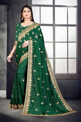 Green embroidered pure silk saree with blouse 4