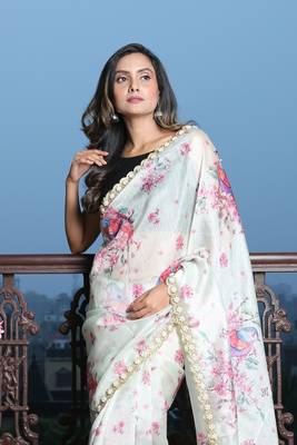 Light mint Green Digital print Organza Saree with heavy border 2