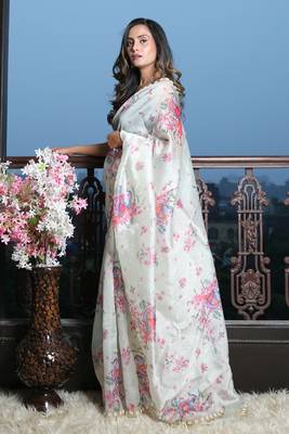 Light mint Green Digital print Organza Saree with heavy border 3