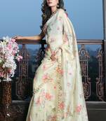 Cream Yellow Digital print Organza Saree with heavy border