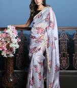 Steel Blue Digital print Organza Saree with heavy border