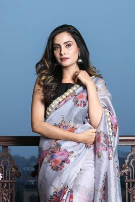 Steel Blue Digital print Organza Saree with heavy border 2