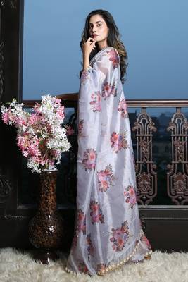 Steel Blue Digital print Organza Saree with heavy border 3