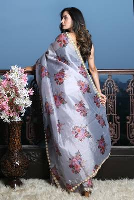 Steel Blue Digital print Organza Saree with heavy border 4