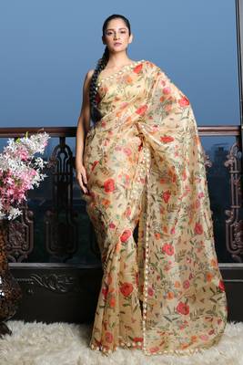 Beige Digital print Organza Saree with heavy border 1