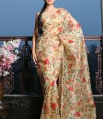 Beige Digital print Organza Saree with heavy border