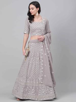 Grey thread embroidery georgette semi stitched lehenga 1
