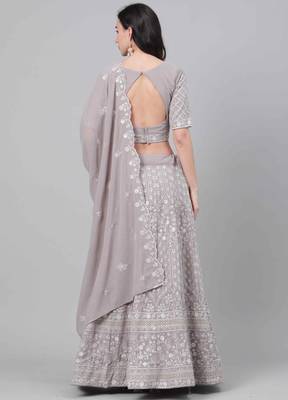 Grey thread embroidery georgette semi stitched lehenga 2
