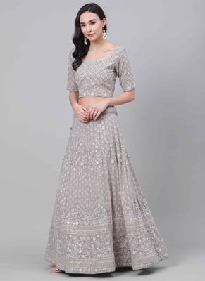 Grey thread embroidery georgette semi stitched lehenga 4
