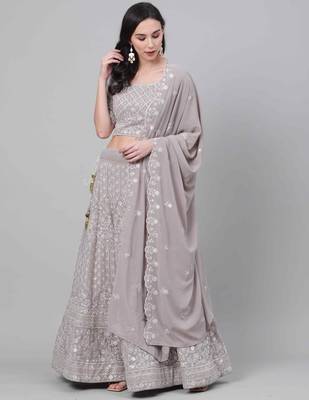 Grey thread embroidery georgette semi stitched lehenga 5